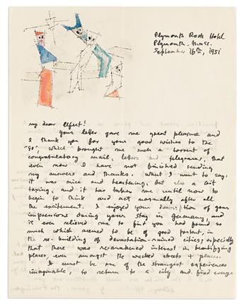 FEININGER, LYONEL. Illustrated Autograph Letter Signed, the Feiningers, to Ulfert Wilke (my dear Ulfert), with ink and watercolor d
